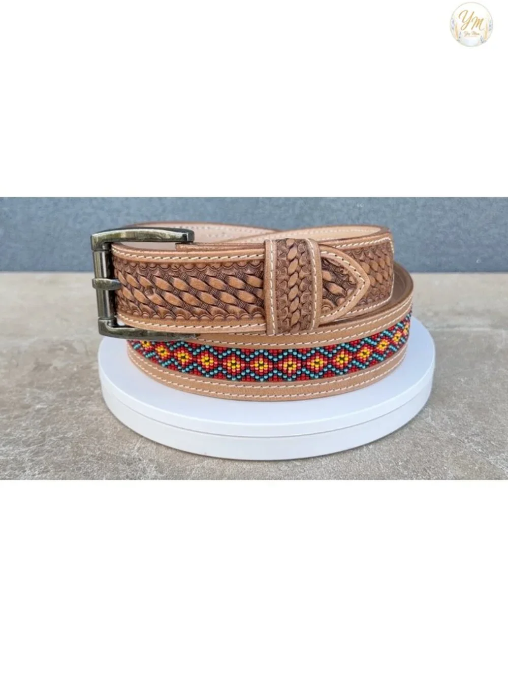 Handmade Full Grain Leather Cowboy Belt with Removable Buckle Beaded Tooled